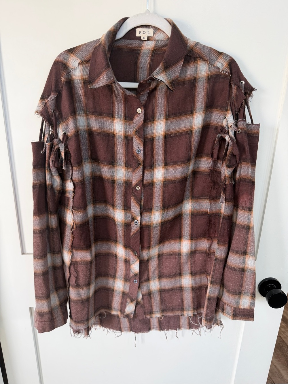 POL S Brown Plaid Distressed Button-Up Shirt